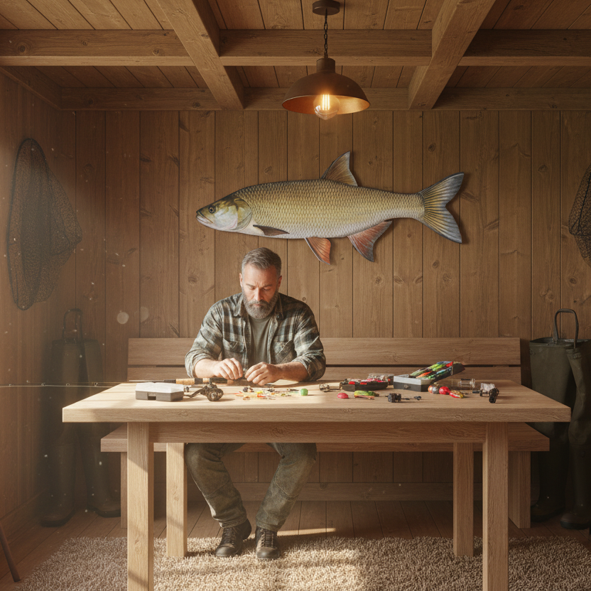 Ein Rapfen hängt in einer Angelhütte an einer Wand, der Fisch ist auf einer STADUR Leichtschaumplatte gedruckt.