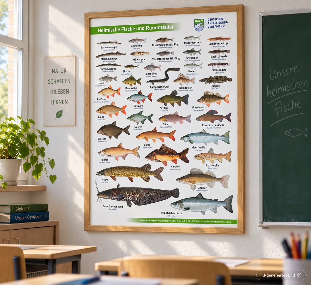 Poster des DAFV mit Heimischen Fischen und Rundmäuler in einem hellen Holzrahmen an einer Wand hängend, die Motive wurden von Eric Otten gemalt