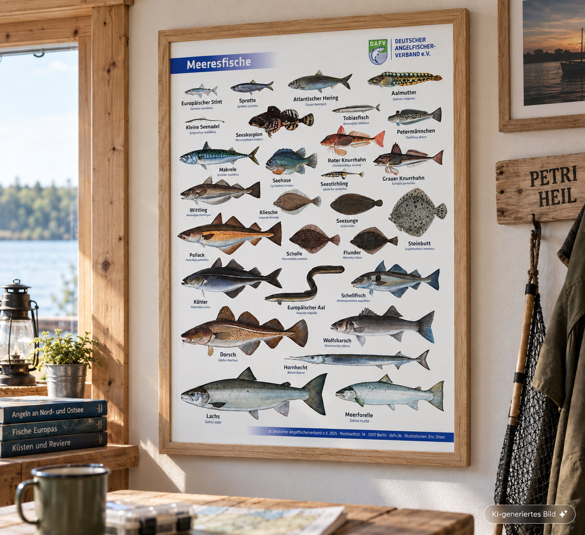 DAFV Poster mit Meeresfischen in einem Holzrahmen in einer Angelhütte an der Wand hängend, die Fischmotive sind von Eric Otten gezeichnet