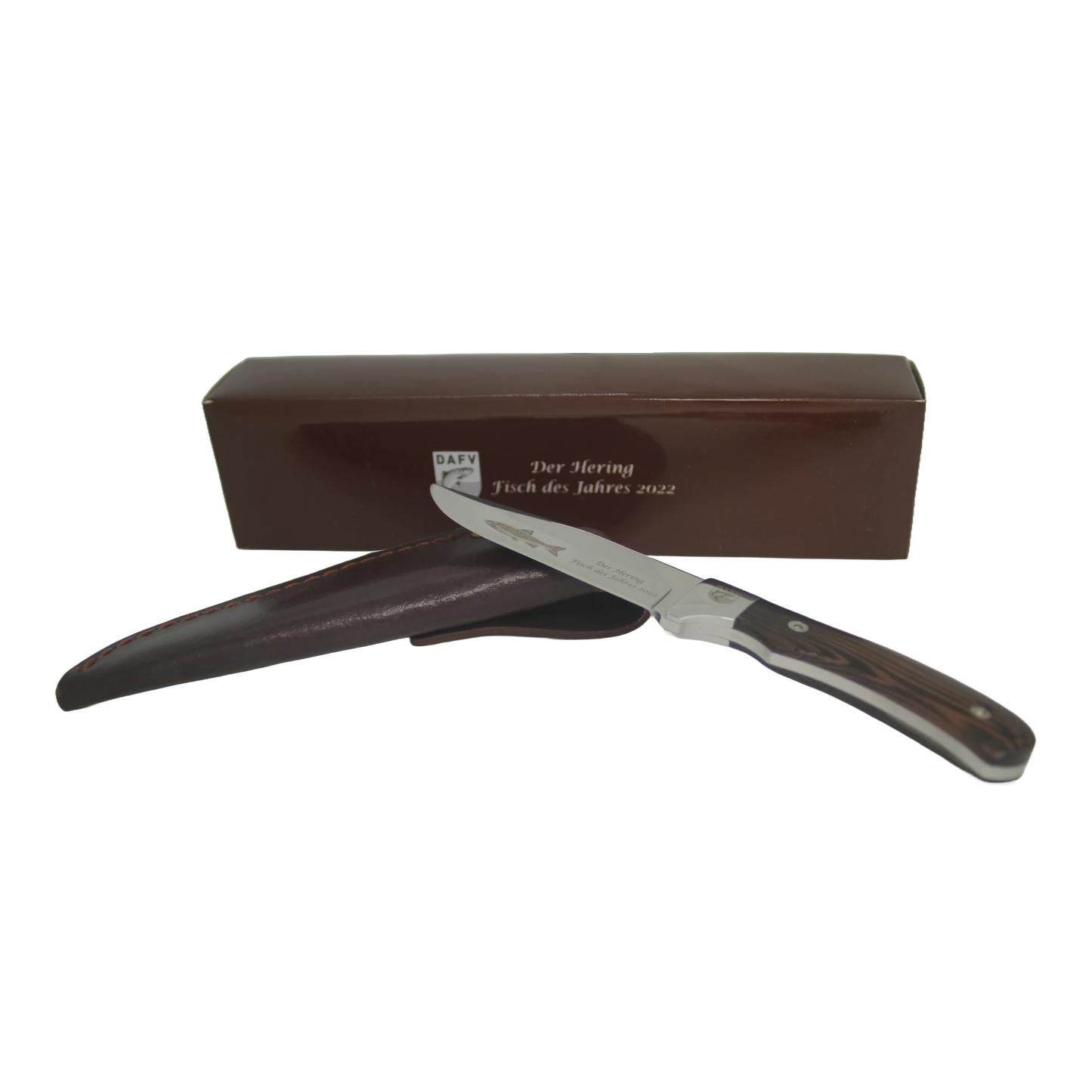 Das Messer zum Fisch des Jahres 2022 wird mit einer Scheide in einer Geschenkbox geliefert.