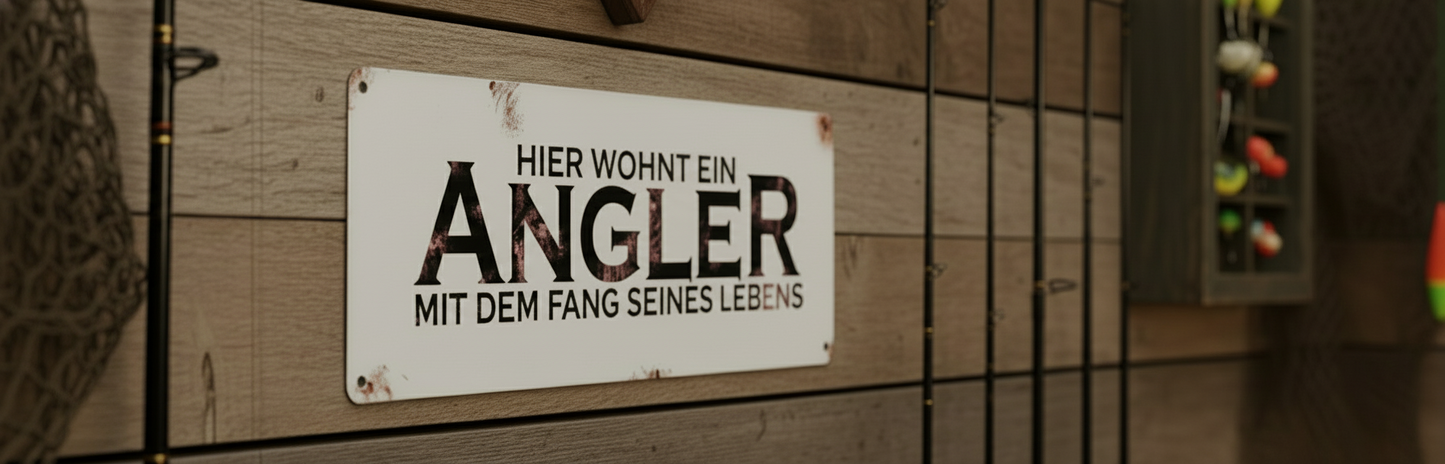 Blechschild "Hier wohnt ein Angler mit dem Fang seines Lebens".