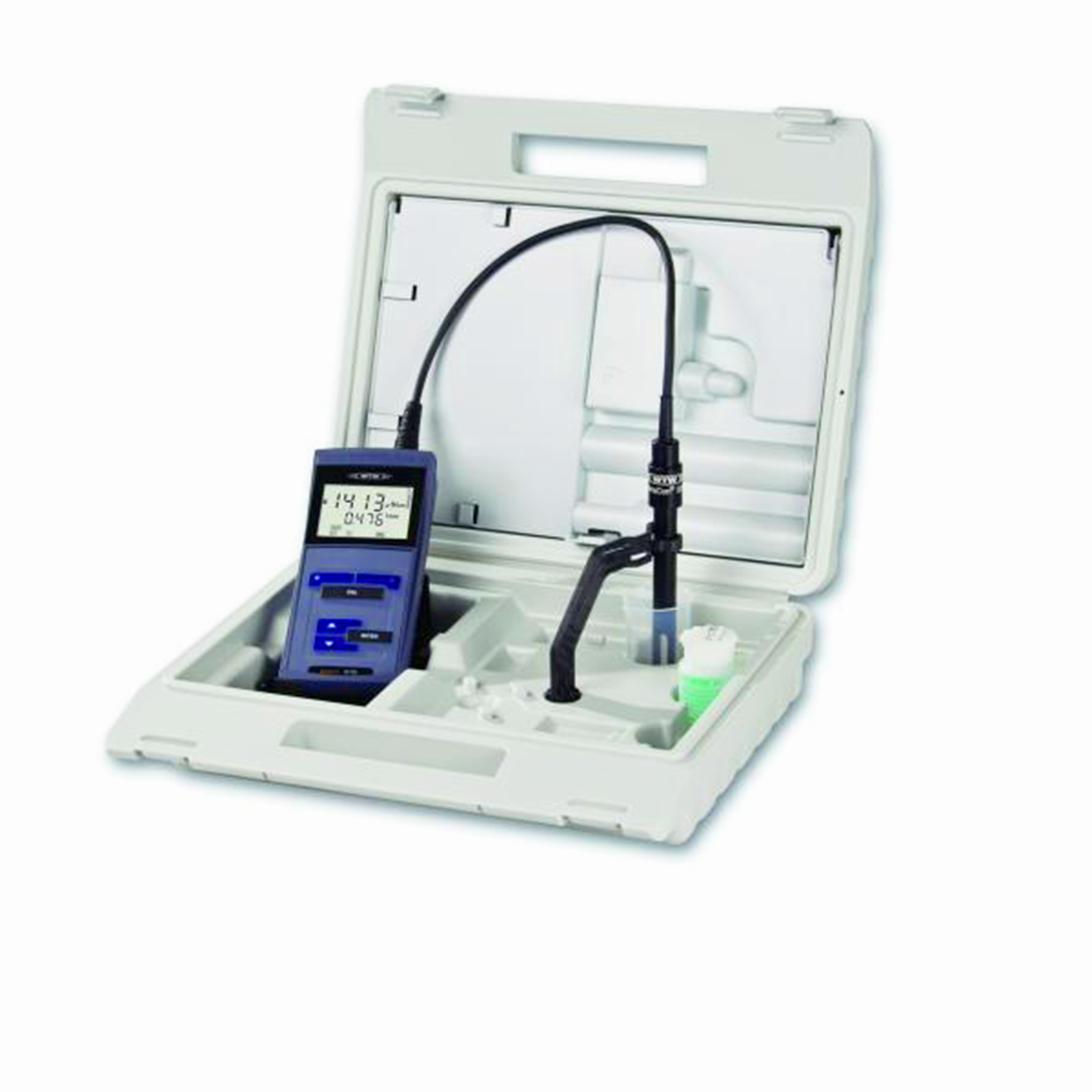 Hier handelt es sich um ein einfach medienbares, robustes Leitfähigkeits-Messgerät mit großem LCD-Display zur mobilen Routinemessung für 2- und 4-Pol-Zellen, Set mit TetraCon 325.