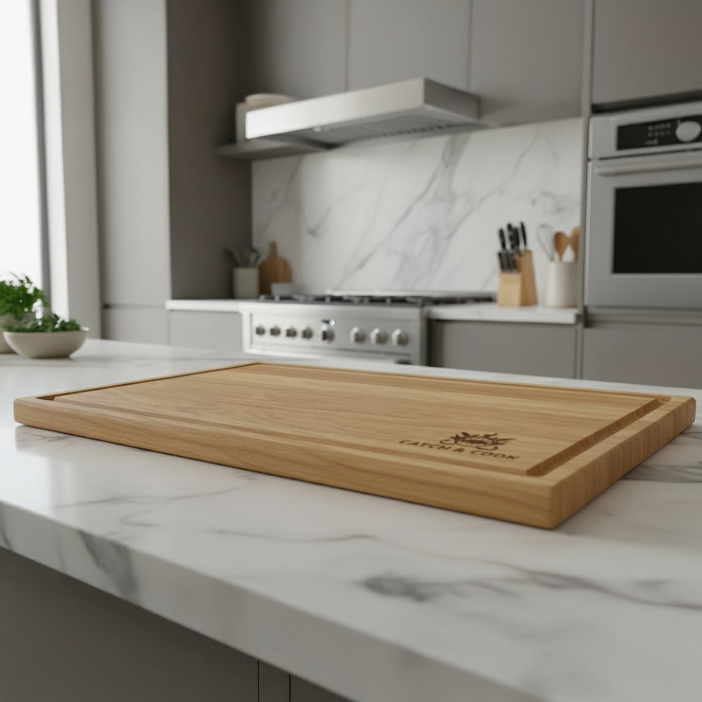 Catch & Cook Eichen Schneidebrett mit Saftrille 50 x 30 x 2,5 cm