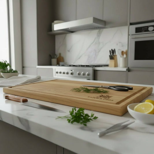 Küchenbrett aus Eiche mit Saftrille, ideal für das Verwerten von Fisch.