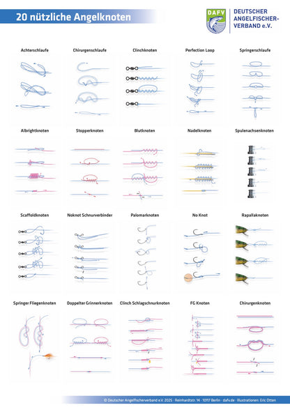 Hochwertiges Knoten-Poster mit 20 wichtigen Angelknoten. Ideal für Vereine, Schulungen und Vorbereitung am Wasser. Jetzt im offiziellen DAFV.Shop bestellen.