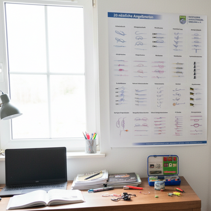 Hochwertiges Knoten-Poster mit 20 wichtigen Angelknoten. Ideal für Vereine, Schulungen und Vorbereitung am Wasser. Jetzt neu im offiziellen www.DAFV.Shop.