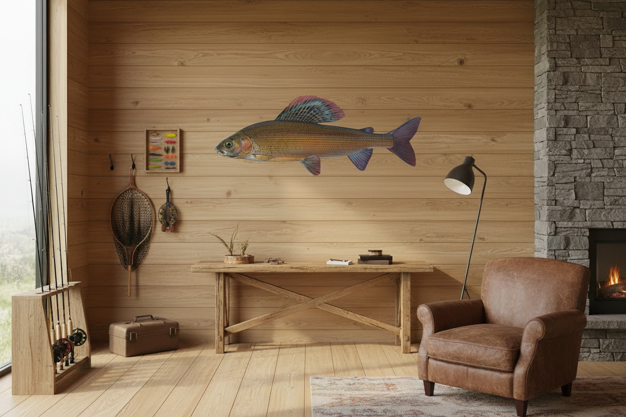 es hängt eine Äsche als Konturenfisch auf einer Leichtschaumplatte an der Wand in einer Fliegenfischen-Hütte, der Fisch wurde von Eric Otten gezeichnet