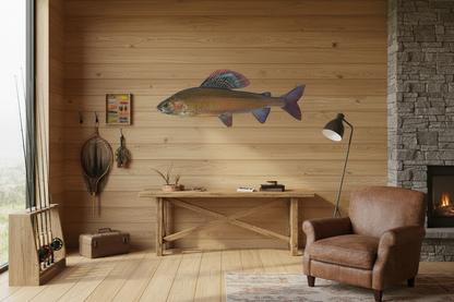 es hängt eine Äsche als Konturenfisch auf einer Leichtschaumplatte an der Wand in einer Fliegenfischen-Hütte, der Fisch wurde von Eric Otten gezeichnet