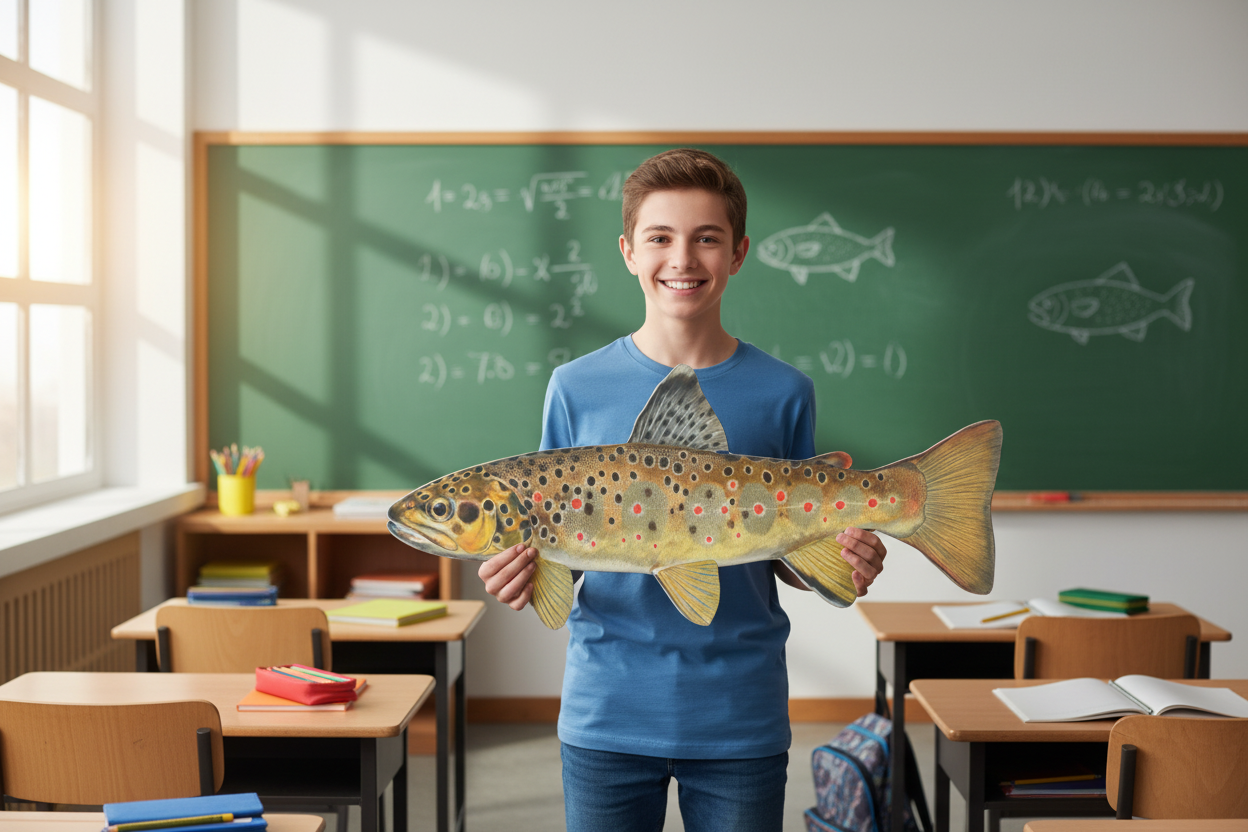 ein Schüler steht mit einem Konturenfisch, einer Bachforelle, gezeichnet von Eric Otten, in seinen Händen in einem Klassenzimmer
