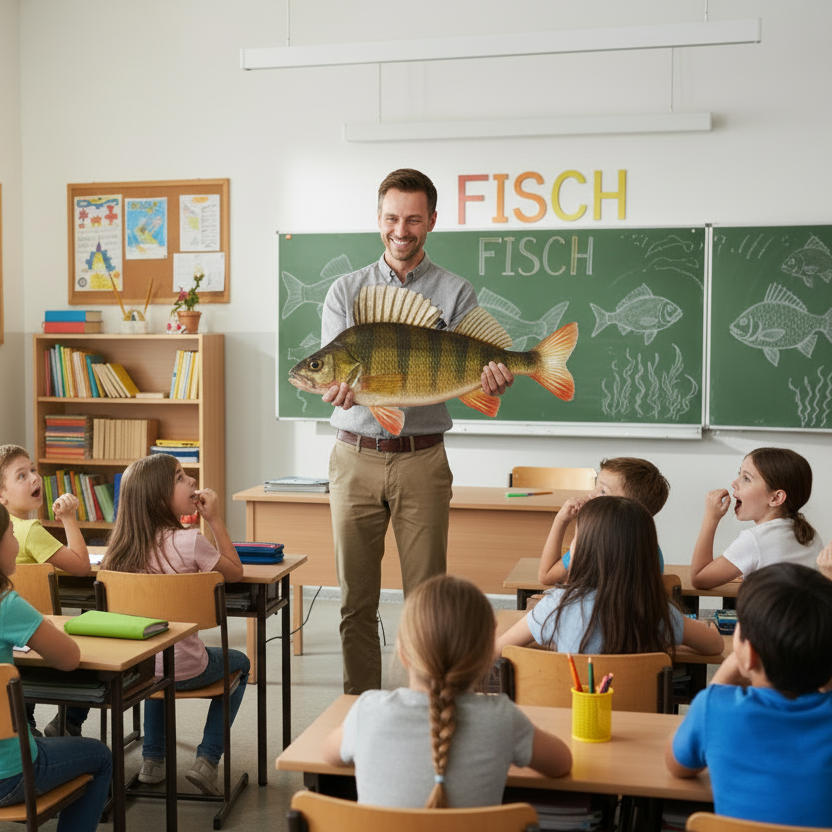 Ein Lehrer steht vor seiner Schulklasse und hält in den Händen den DAFV Konturenfisch als Barschmotiv, gezeichnet von Eric Otten