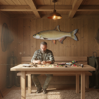 Ein Rapfen hängt in einer Angelhütte an einer Wand, der Fisch ist auf einer STADUR Leichtschaumplatte gedruckt.