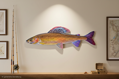 Es hängt eine Äsche als Konturenfisch auf einer Leichtschaumplatte an einer Wand
