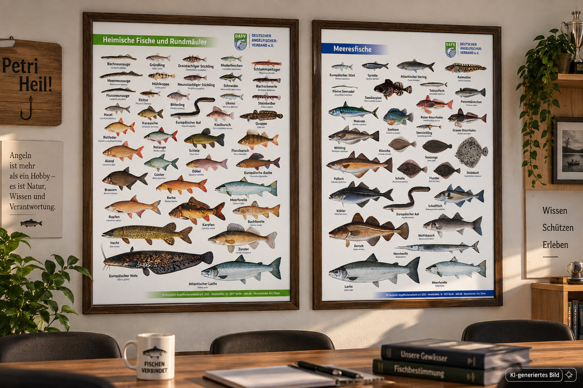 DAFV Poster Bundle Heimische Fische und Rundmäuler und Meeresfische, beide Poster sind in einem dunklen Holzrahmen eingefasst und hängen an einer Wand in einem Schulungsraum
