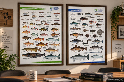 DAFV Poster Bundle Heimische Fische und Rundmäuler und Meeresfische, beide Poster sind in einem dunklen Holzrahmen eingefasst und hängen an einer Wand in einem Schulungsraum