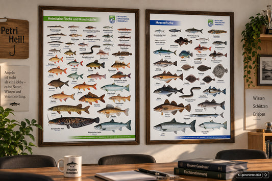 DAFV Poster Bundle Heimische Fische und Rundmäuler und Meeresfische, beide Poster sind in einem dunklen Holzrahmen eingefasst und hängen an einer Wand in einem Schulungsraum