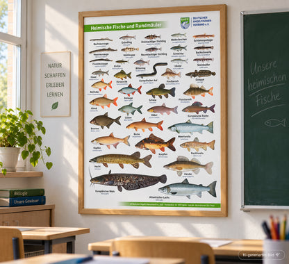 Poster des DAFV mit Heimischen Fischen und Rundmäuler in einem hellen Holzrahmen an einer Wand hängend, die Motive wurden von Eric Otten gemalt
