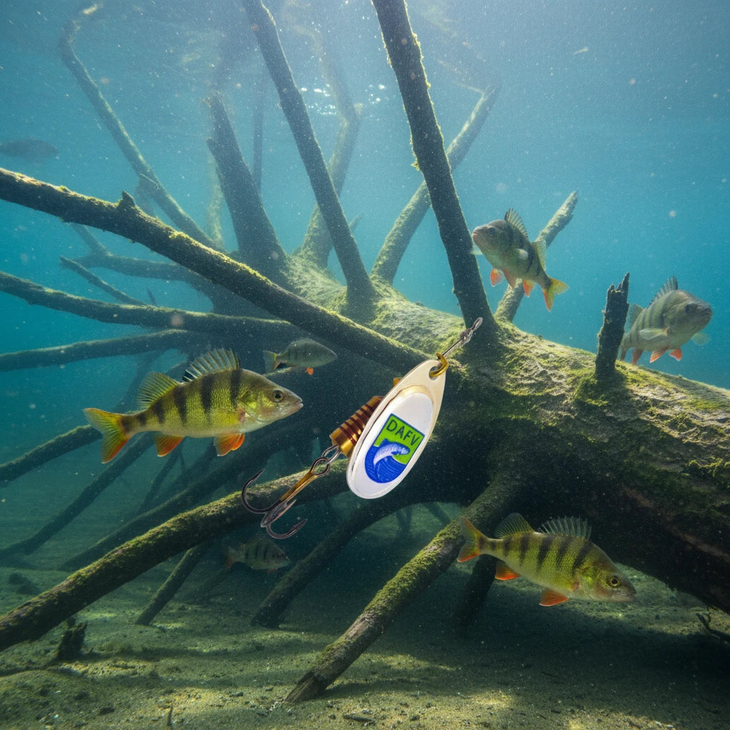 Dieser Spinner, ein Mepps mit DAFV-Logo, ist ein hervorragender Barschköder