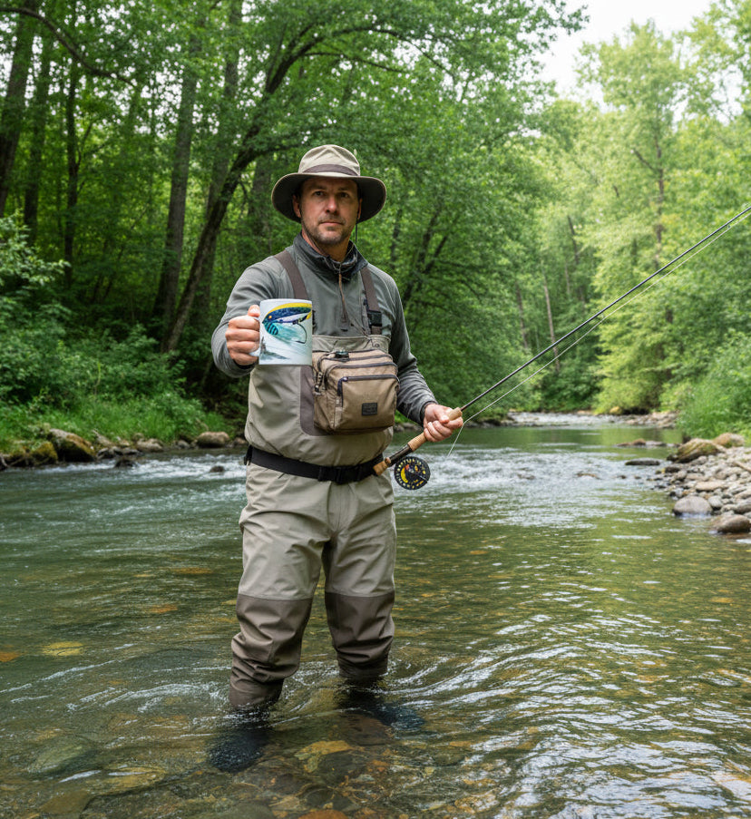 es steht ein Fliegenfischer in einem Fluss und hält einen Kaffeebecher in der Hand auf dem eine Fliege gezeichnet wurde, das Motiv stammt von Thomas Kubitz