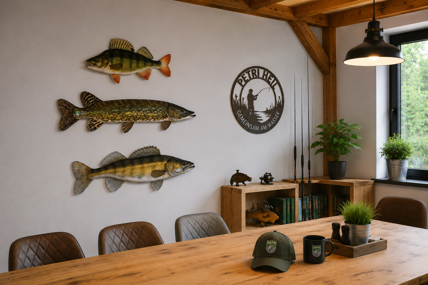 die konurenfische Barsch, Zander und Hecht aus dem Konturenfisch-Bundle hängen in einem modernen Angel-Vereinsheim an der Wand.