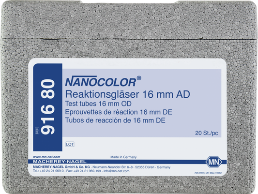 Reaktionsgläser mit Deckel, 16 mm Außendurchmesser für den Macherey-Nagel-VISOCOLOR Analysekoffer PF3 Fish