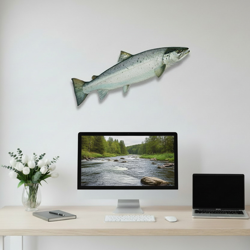 Deko-Fisch, perfekt für die Wand, zum Beispiel in einem Büro. Diese Meerforelle ist fast einen Meter lang und auf eine STADUR-Platte gedruckt.