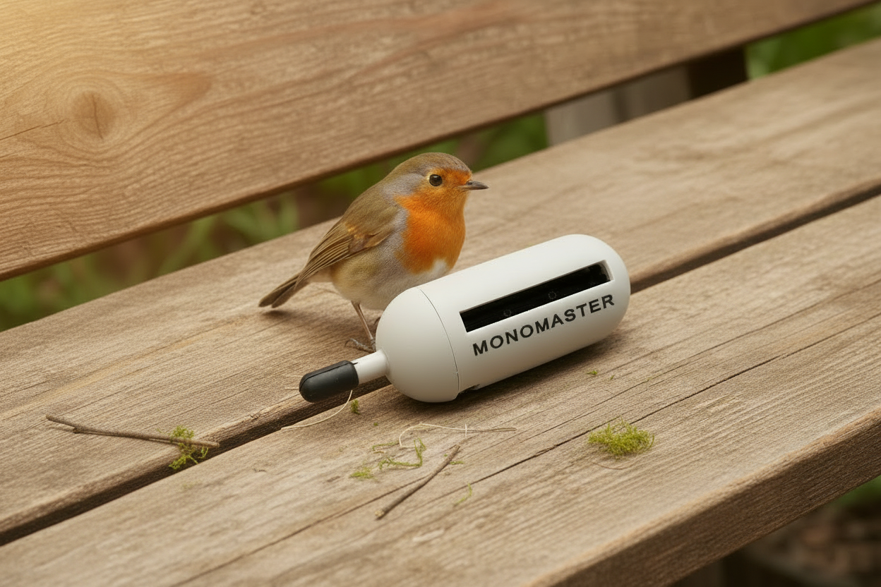 Der Monomaster ist ein kleines Werkzeug zum Aufsammeln von Schnurresten, die sonnst von Vögeln für den Nestbau gesammelt werden könnten..