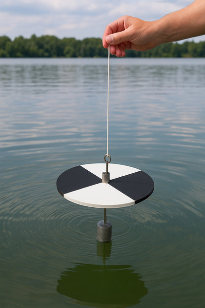 Mit der Secci-Scheibe lässt sich die Sichttiefe eines Gewässers feststellen.