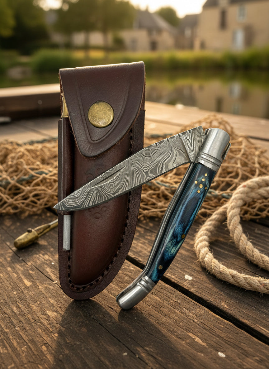 Ein wirklich schönes und elegantes Damast-Messer mit blauem Grif.