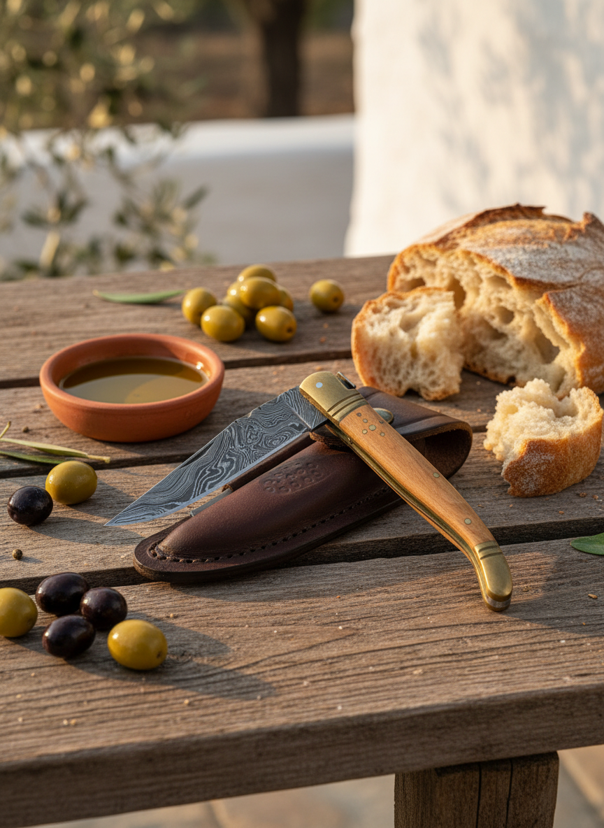 Ein Hauch Mittelmeer: Dieses Taschenmesser besteht aus Damaststahl und Olivenholz.