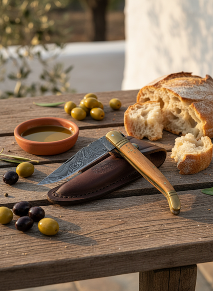 Ein Hauch Mittelmeer: Dieses Taschenmesser besteht aus Damaststahl und Olivenholz.
