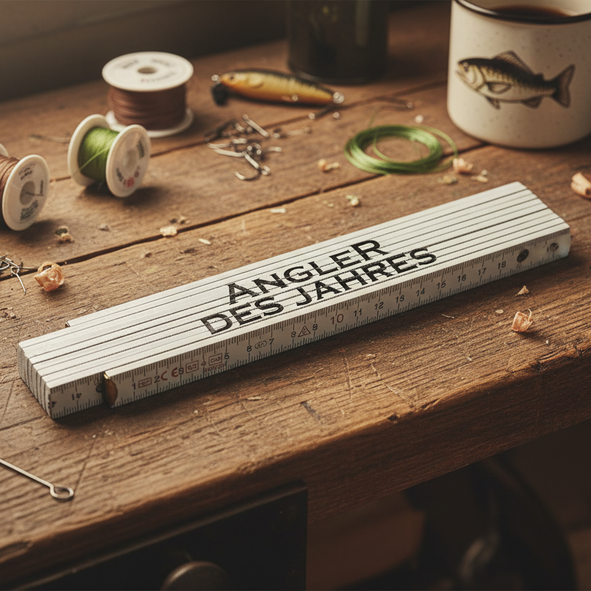 Zollstock „Angler des Jahres“ aus Holz: 2 m Messbereich, präzise, wetterfest und beidseitig beschriftet. Geschenk für Angler und Vereine.