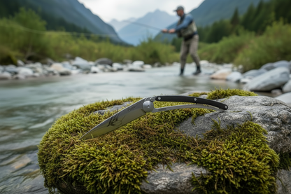 Das Dejoo Taschenmesser mit der eingravierten Fliege. Fliegenfischer lieben dieses Messer!